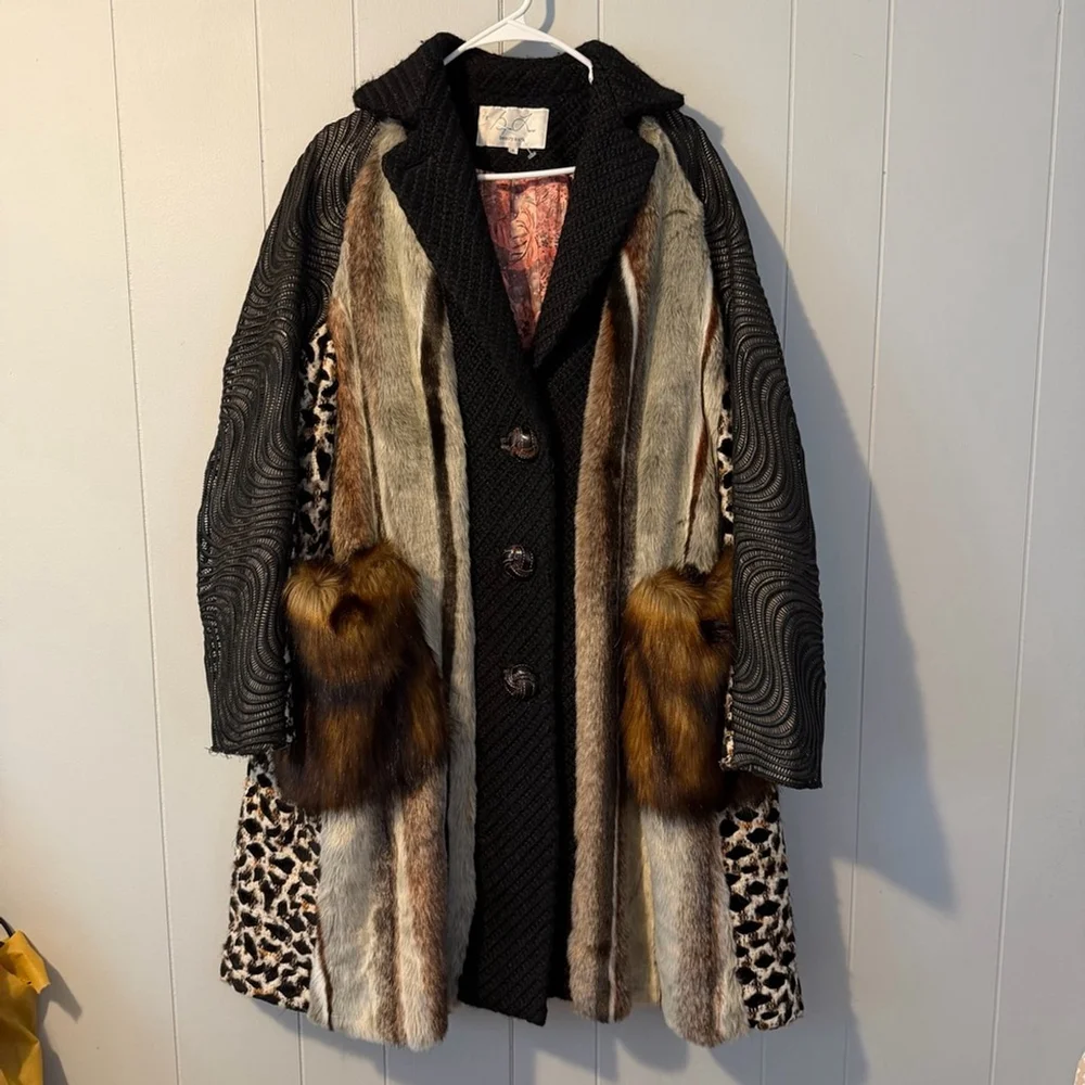 Byron Lars Beauty Mark Faux Fur Patchwork Coat – Leopard & Textured Panels Sz 6